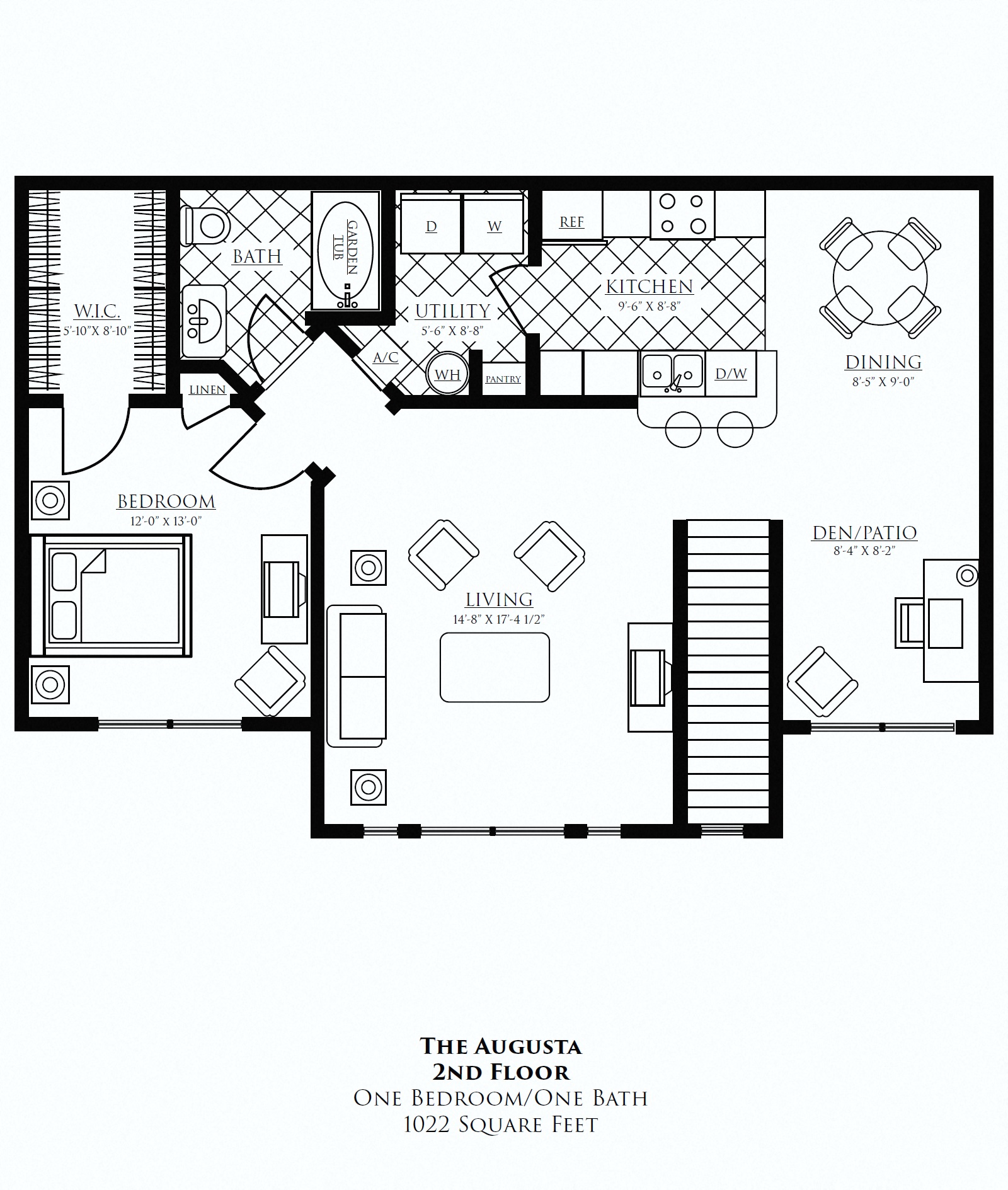 Floor plan for 1 bed, 1 bath, 995 sqft